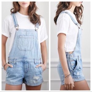 Distressed cuffed denim short overalls